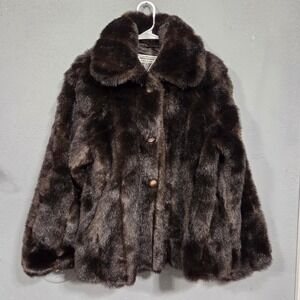 vintage womens Marvin Richards J Percy Faux Fur Coat Dark Brown Button Front XS